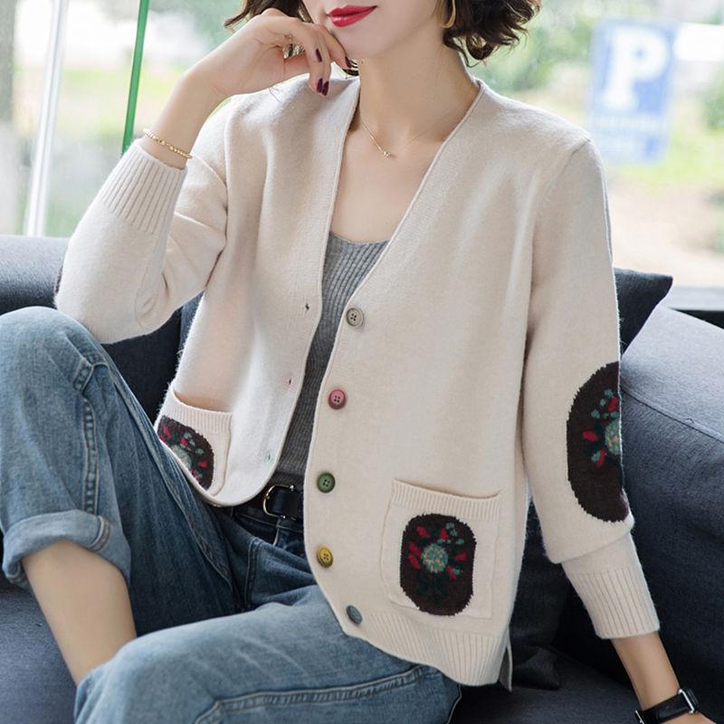 Spring Autumn Women's Knitted Cardigan Sweater Short Loose Thin V-Neck Knit Sweater Long Sleeve Printed Knitted Jacket Outwear