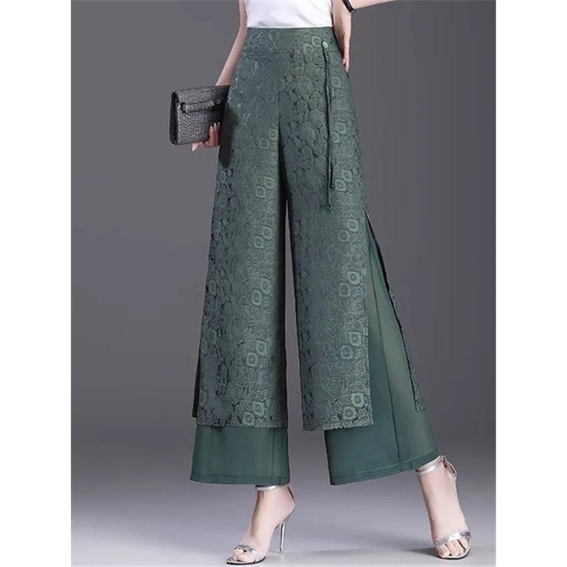 

Split Jacquard Weave Wide Leg Pants Women Casual High Waist Baggy Straight Pantalones Spring Fall Loose Ankle Length Calca New XXXL зелений
