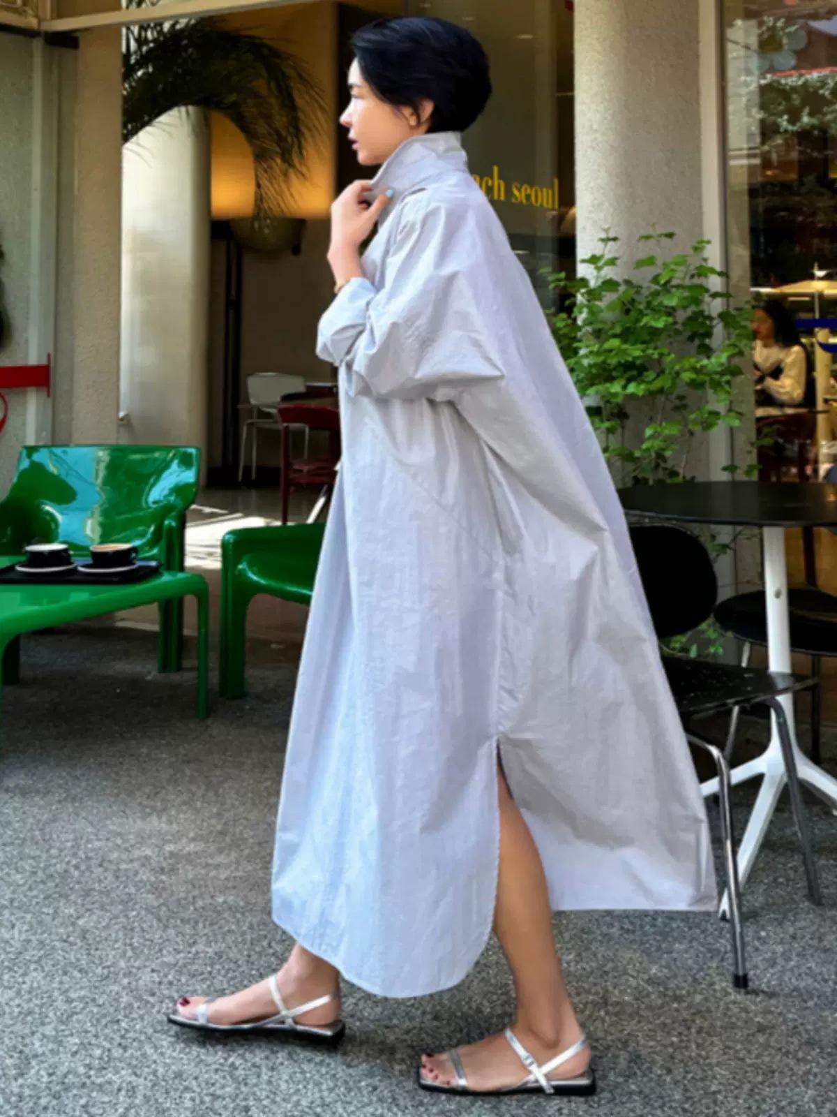 

Летнее платье Johnature с длинными рукавами для женщин в корейском стиле, свободные повседневные платья с разрезами и отложным воротником XL серый