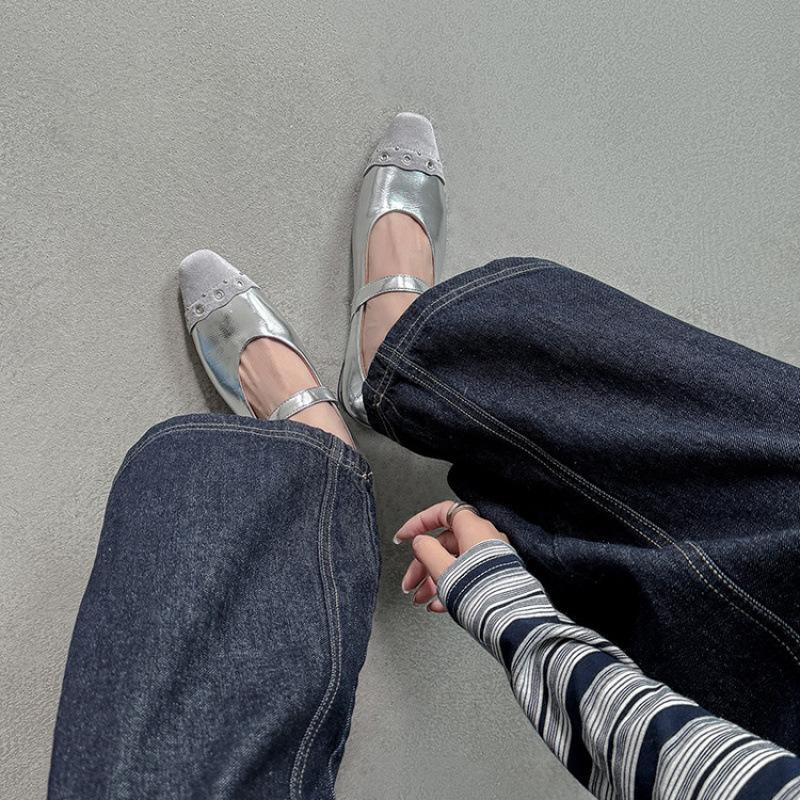 Round head leather single shoes four seasons single shoes new beef tendon sole fashion single shoes women's buckle non-slip soft-soled sheepskin