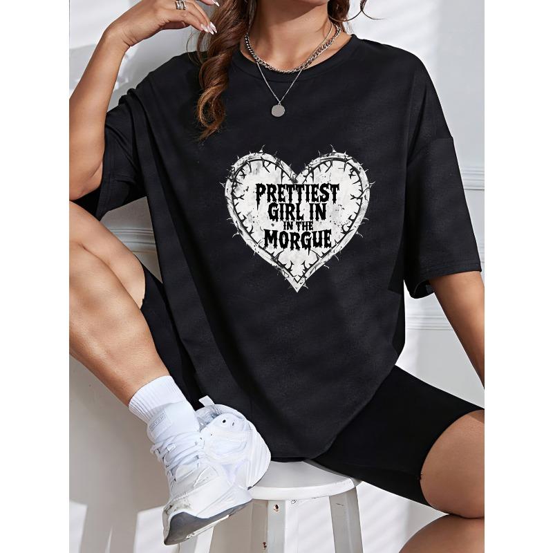 T-shirt Bianca con Stampa Cuore e Spine Testo 'La Ragazza Più Carina Nell'Obitorio' per Uso Casual