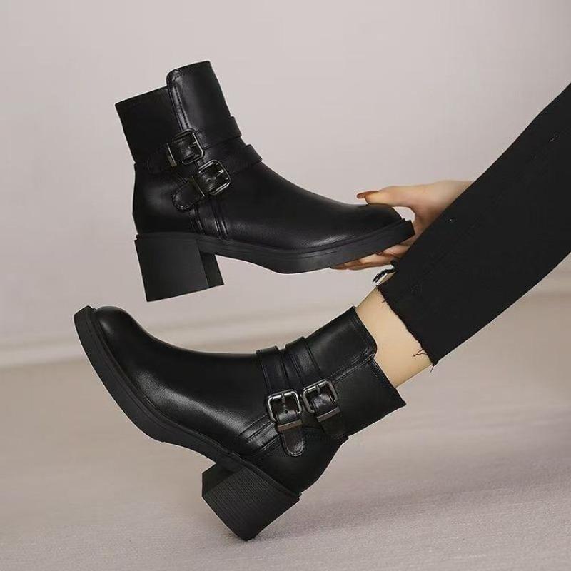 Autumn Winter Warm Women's Ankle Boots Round Toe Elegant with Medium Heels Female Short Shoes Black New Rock Hot Pu Booties Sale