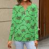 Women's Fashion Casual V-Neck Long Sleeve Decorative Button Christmas Print Top
