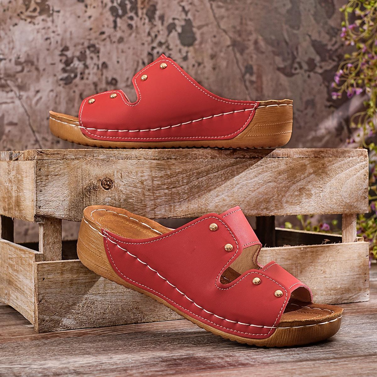 

Fashion 2025 New Women s Sandals, Open toed Women s Slippers, Fashionable and Casual Summer Rivet Comfortable Wedge Slippers 36 красный