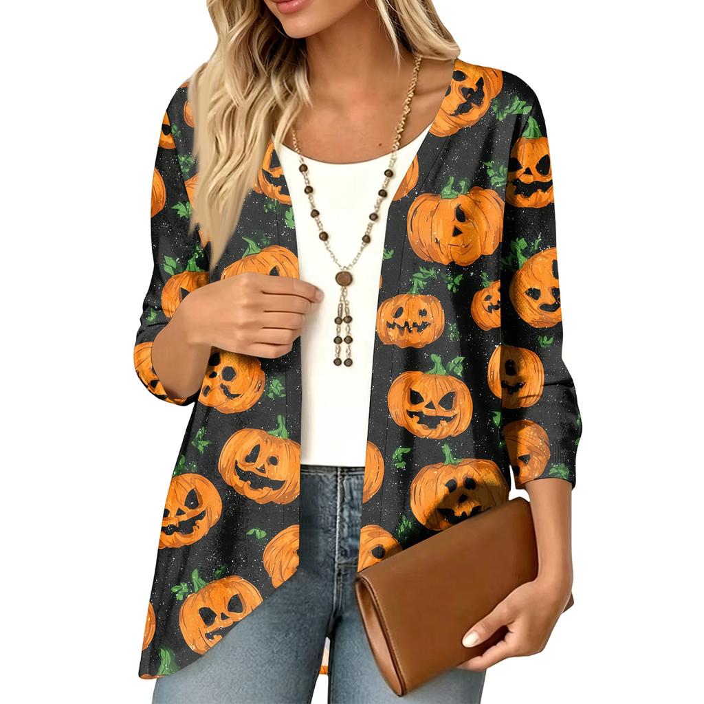 Women's Halloween Print 3/4 Sleeve Lightweight Loose Fit Cardigan for Casual Wear