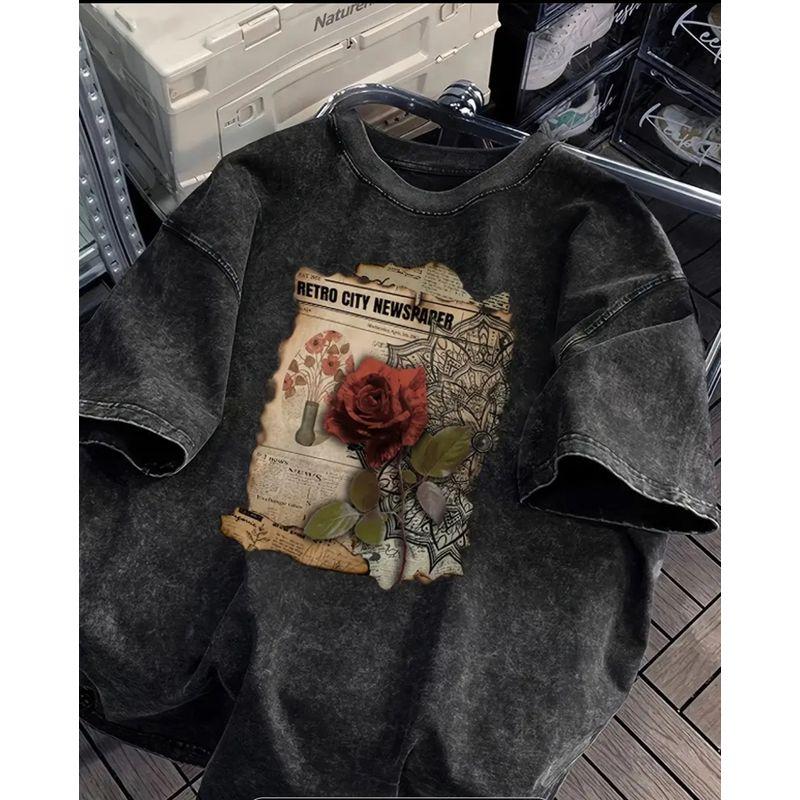 European and American New Fashion Casual Washed Old Loose Cotton T-shirt Top Printed Cotton T-shirt