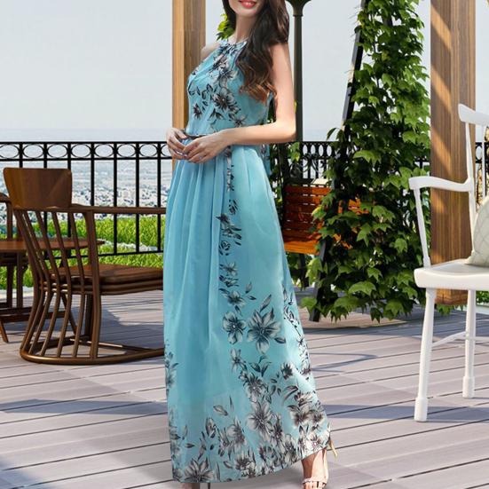 Women's Floral Maxi Dress Sleeveless Halterneck Chiffon Midi Dress Summer Boho Sundress with Belt for Vacation Wedding Cocktail Prom Party