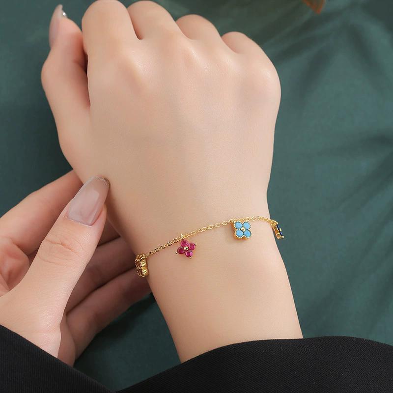 925 Silver Lucky Clover Four-Leaf Pendant Necklace for Women Colorful Flower Clavicle Chain Fine Jewelry Gifts