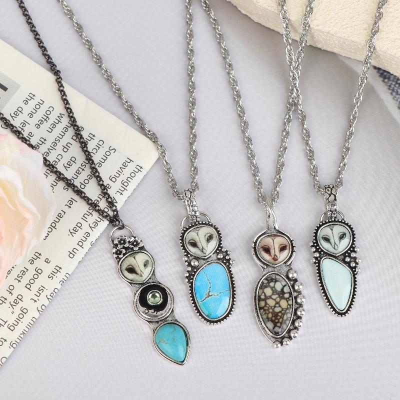 Western Style Women'S Turquoise Stone Bar Pendant Necklace With Owl Fashionable Necklaces Gift
