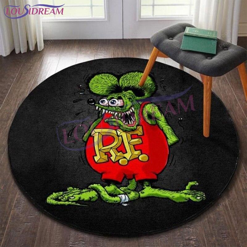 Tappeto Rotondo Garage Hot Rod Rat Fink Retrò, Tappetino Decorativo Artistico Personalizzato, Tappeto da Area Lavabile Antiscivolo per Camera da Letto e Ufficio