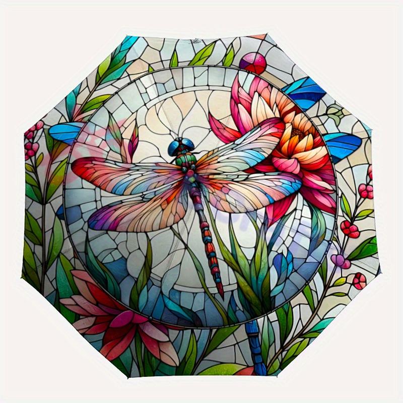 

1pc a Stained Glass Dragonfly Umbrella That Opens And Closes Automatically, Featuring a Wind-Resistant Design, a Robust 8-Rib Canopy, And Du