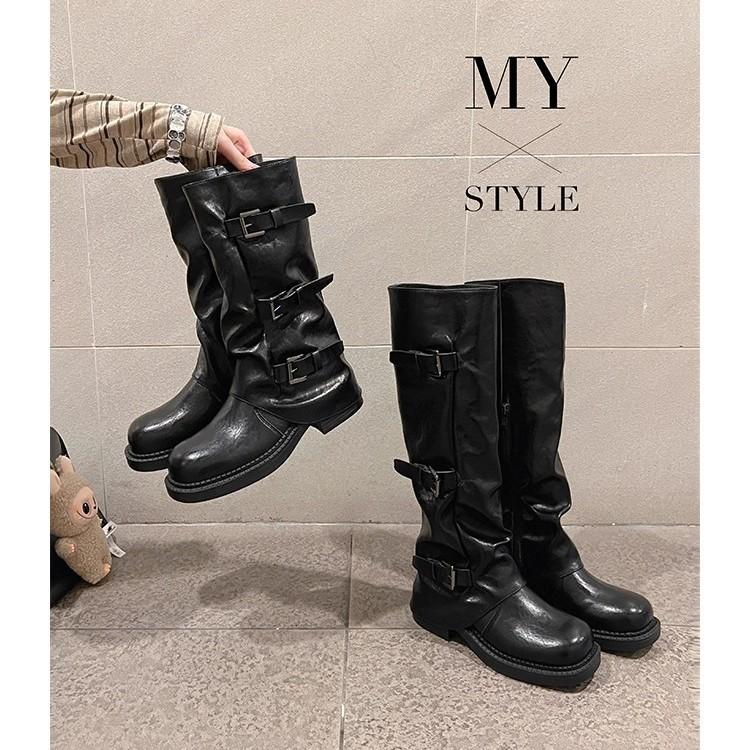 [Factory Making Goods] Retro 2025 Spring and Autumn New Fashionable Belt Buckle Square Round Head Pleated Medium Tube Martin Boots