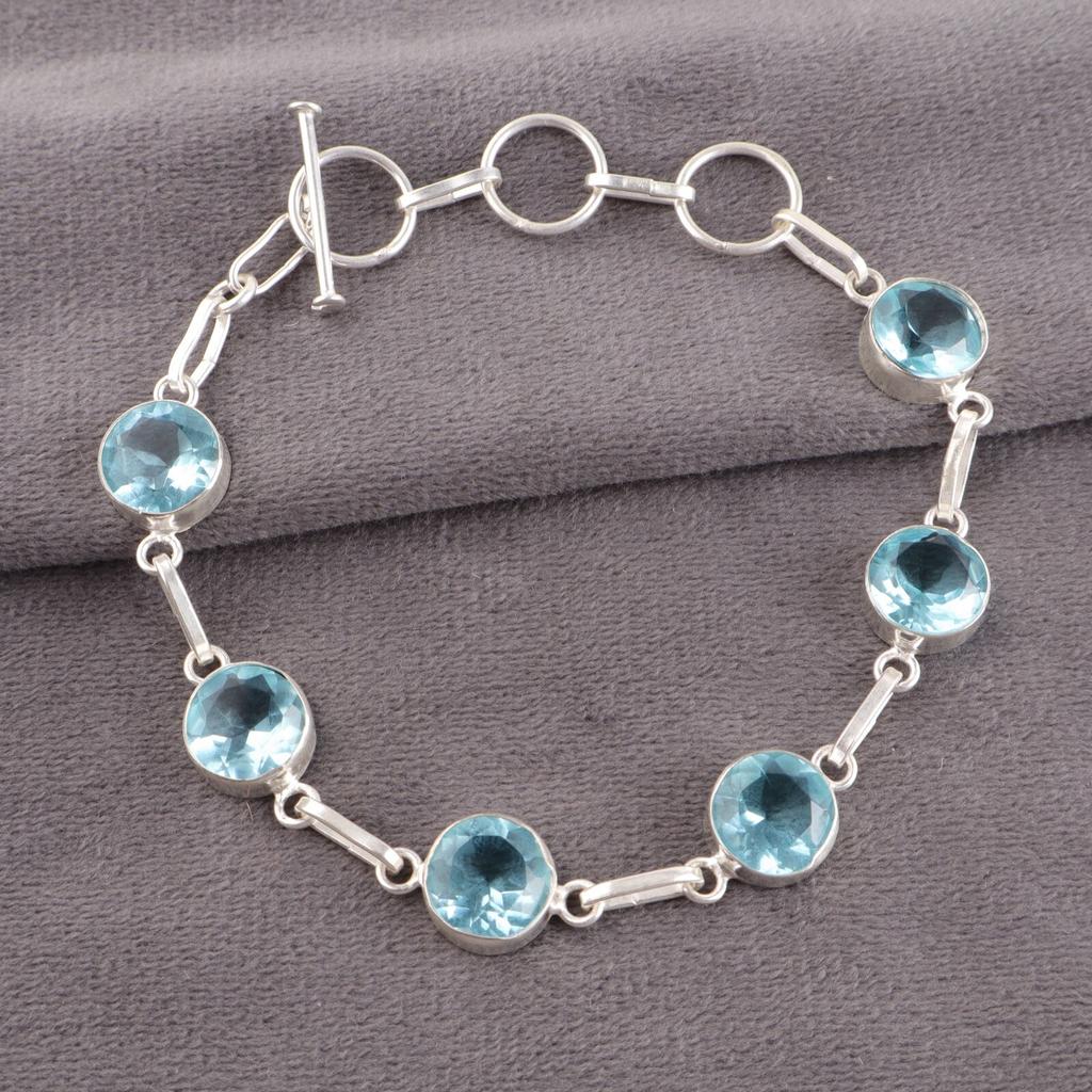 Přírodní drahokam modrý topaz 925 sterlingové stříbro šperky ručně vyráběný náramek RB-14-7