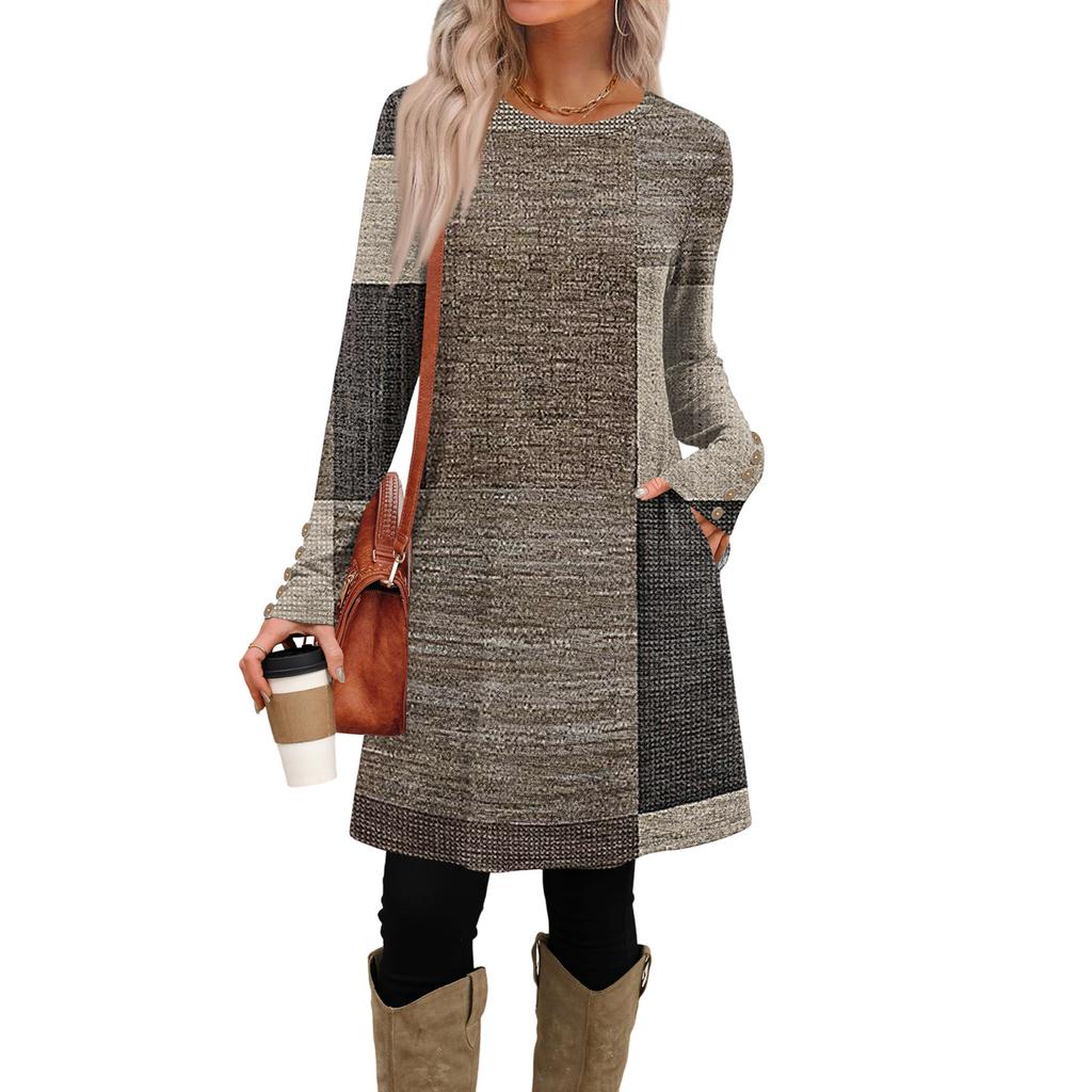 Damenmode Freizeitkleid mit Taschen, dekorativen Knöpfen, Rundhalsausschnitt und langen Ärmeln