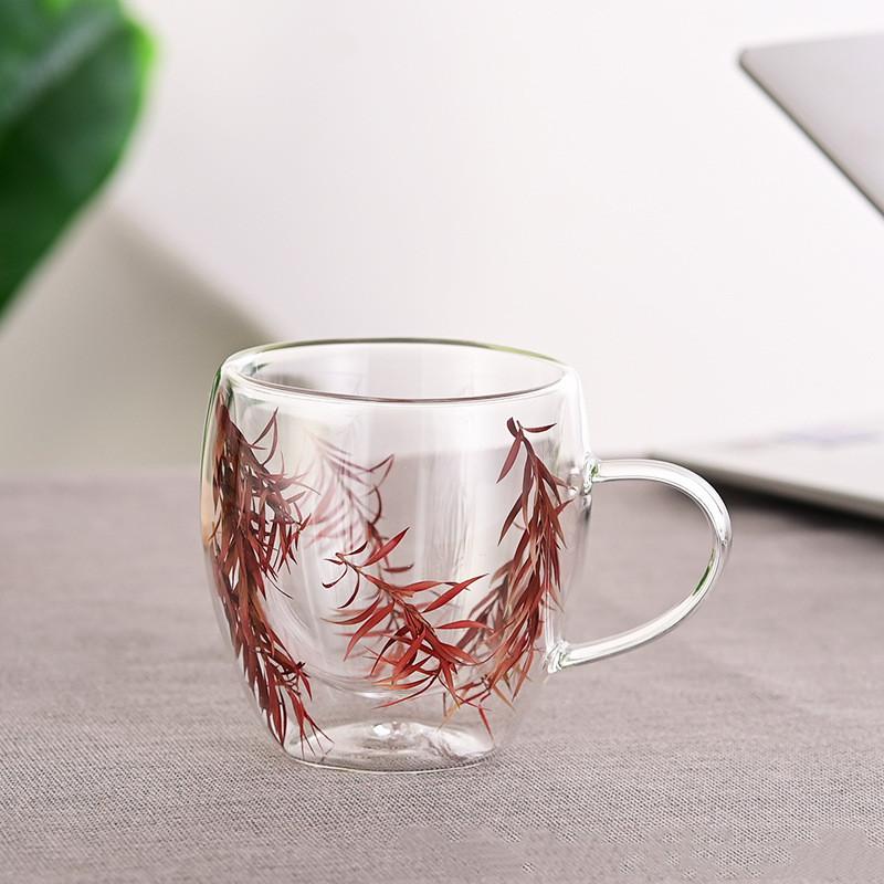 250ml Double Wall Coffee Mug Flower Filler Glass Cups Tea Coffee Cup With Handles Heat Resistant Mug Gift