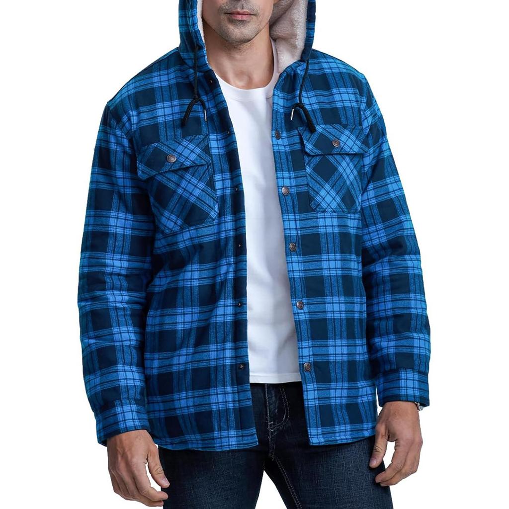 Men's Quilted Lined Button Down Plaid Shirt Add Velvet To Keep Warm Jacket With Hood