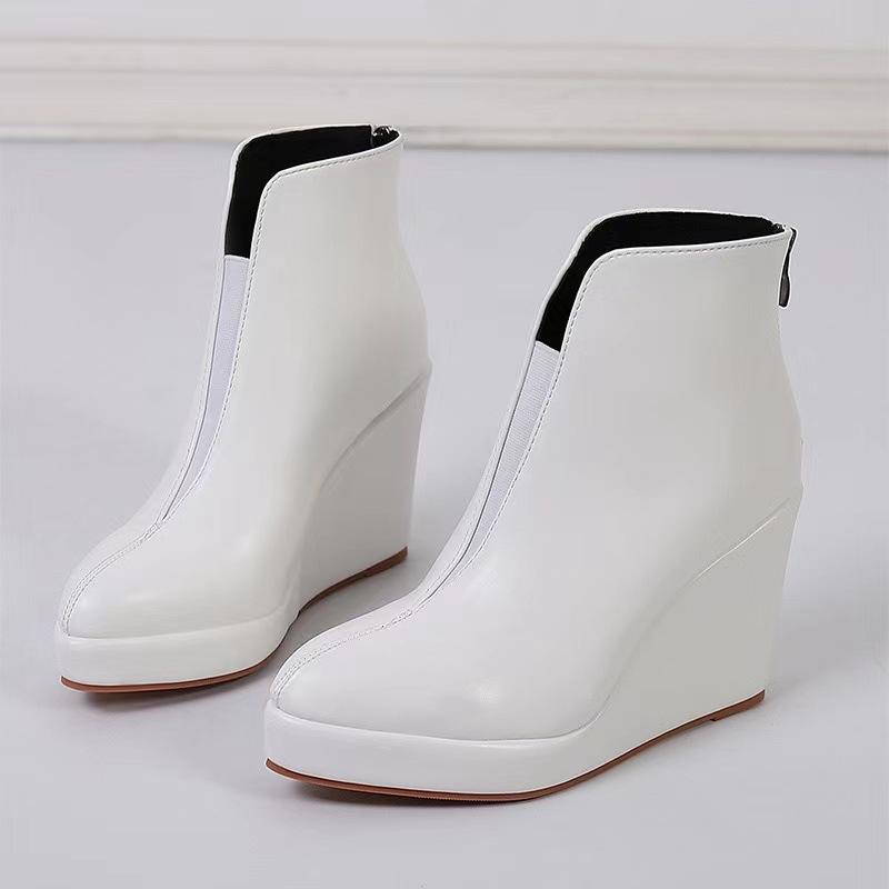 2025 Autumn-early Winter Shoes, Women's Platform Ankle Boots, Modern Women's Wedge Shoes 10 Cm, Pure Black, White, Plus Size 42