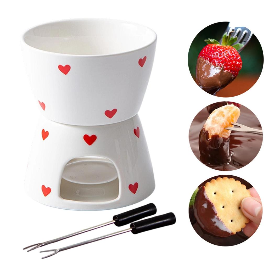 Porcelain Chocolate Fondue Pot Ceramic Cheese Warmer Fondue Cup Set with Fork for Snack Party and Home Cooking