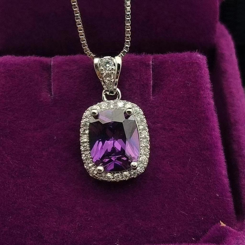 Personality Fashion Imitation Colored Gemstone Zircon Necklace Women's High-end Temperament Light Luxury Rectangular Pendant Jewelry