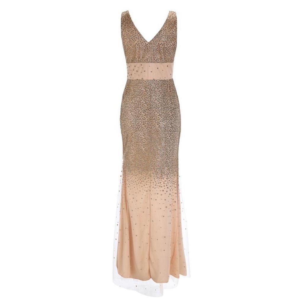 Kleid mit hohem Schlitz Damen Pailletten Abschlussball Party Elegant Dame Rückenfrei Sexy Kleid Damen Gold Elegant Brautjungfer V-Ausschnitt Langes Kleid