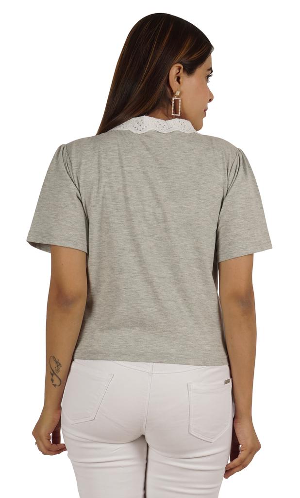 Moomaya Dámský top s krajkovým límečkem Petra Pana, hladký žerzejový krátký ležérní T-shirt