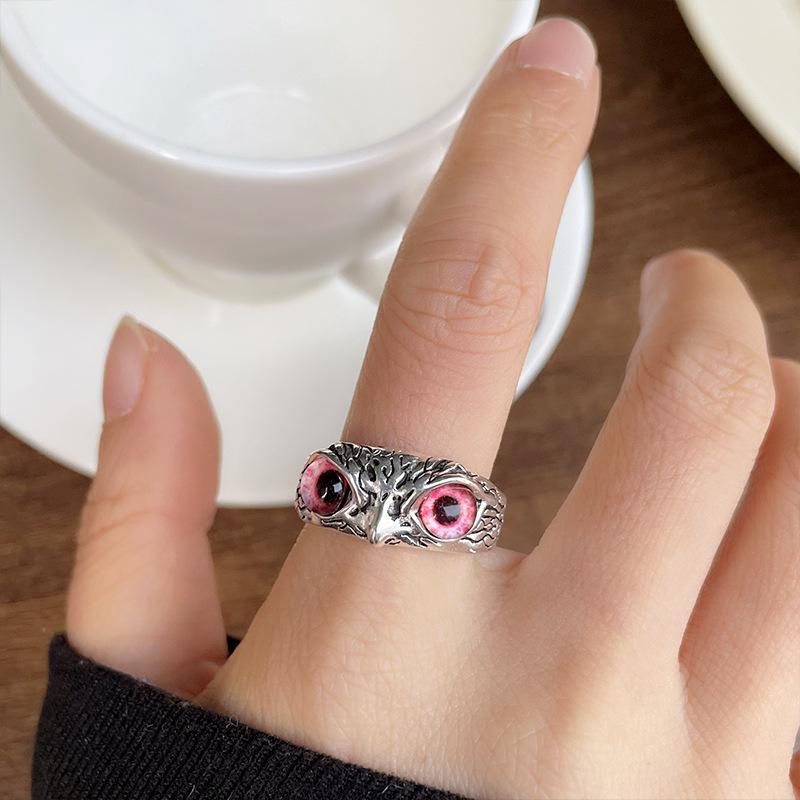 Cute Retro Thai Silver Cat Rings Fashion Cat Owl Eye Opening Adjustable Ring for Women Men Trendy Statement  Accessories
