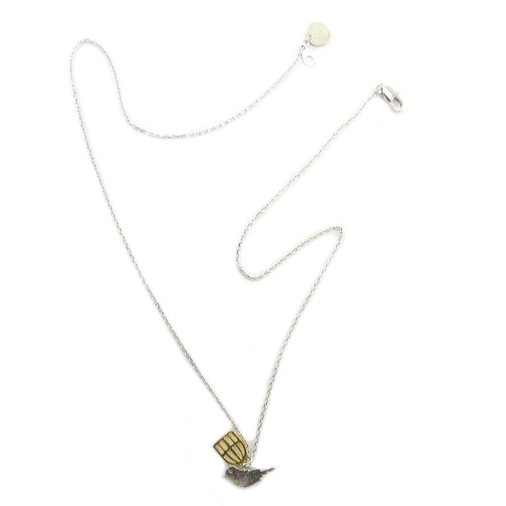 7bis [P5830] - Handgemachte Halskette 'Bird & Cage' versilbert vergoldet - 15x10 mm