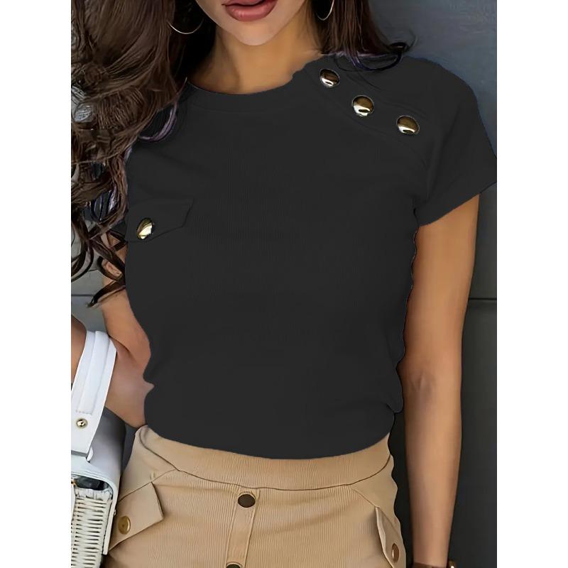 Women'S Elegant Button-Front T-Shirt with Golden Button Details Faux Pockets Casual Chic Style, Date Night Outfit, Decorative Front Buttons