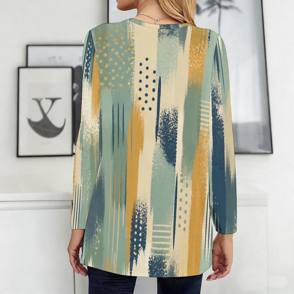 Women Plus Size Round Neck Long Sleeve Blue Printed Loose Longline T Shirt With Pockets