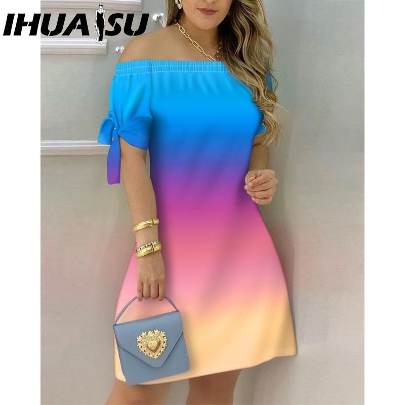 IHUASU Women Fashion Off Shoulder Dress Short Sleeve Bow Tie Print Dresses Summer Beach Dresses Plus Size