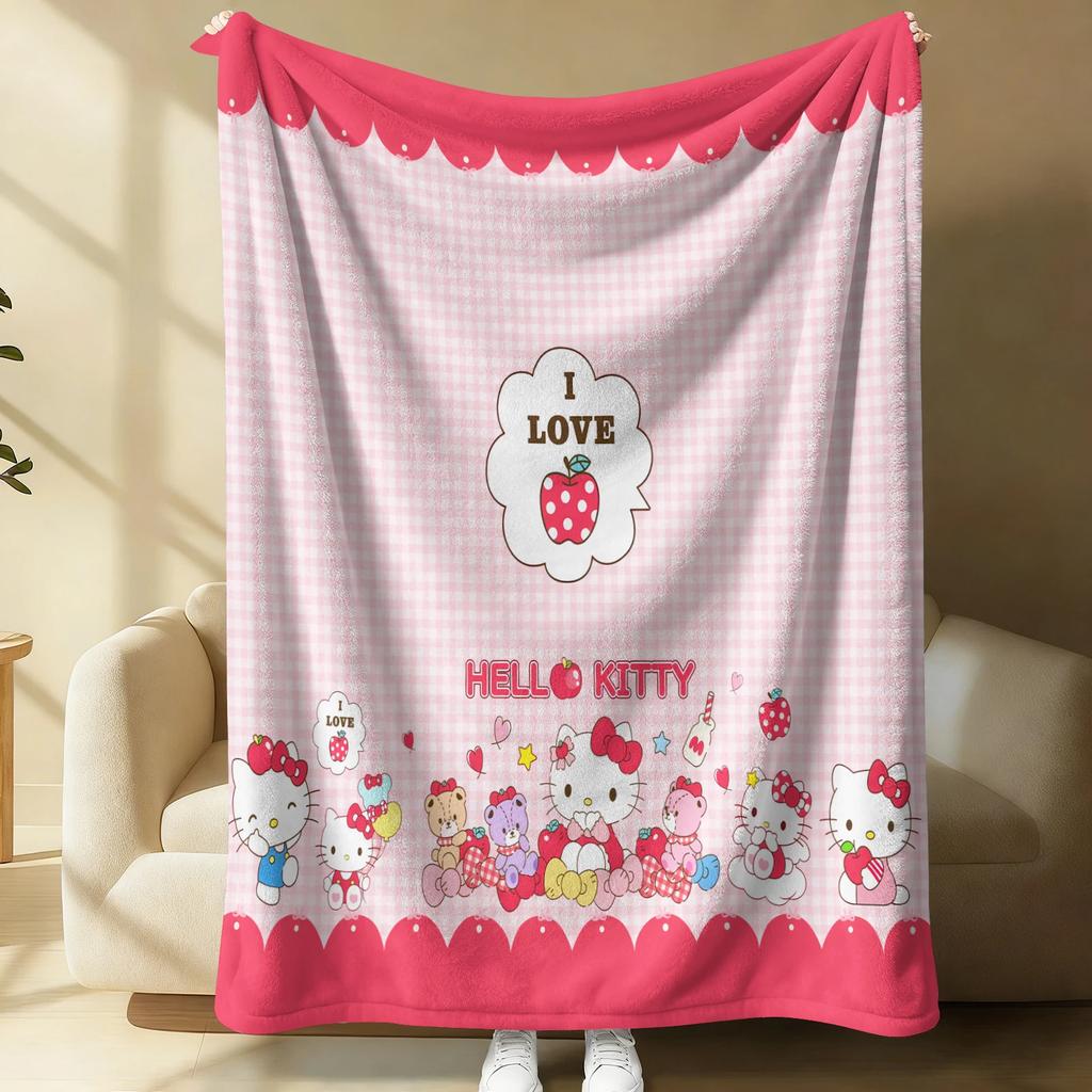 Sanrio Hello Kitty Plush Flannel Blanket Lightweight Throw Pink Gingham Apple Blanket Bed Sofa Cover School Office Nap Shawl
