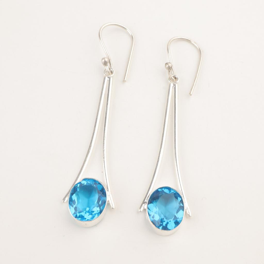 Swiss Blue Topaz Stone 925 Sterling Silver Mother Gift Dangle Artisan Earrings EE-136-8