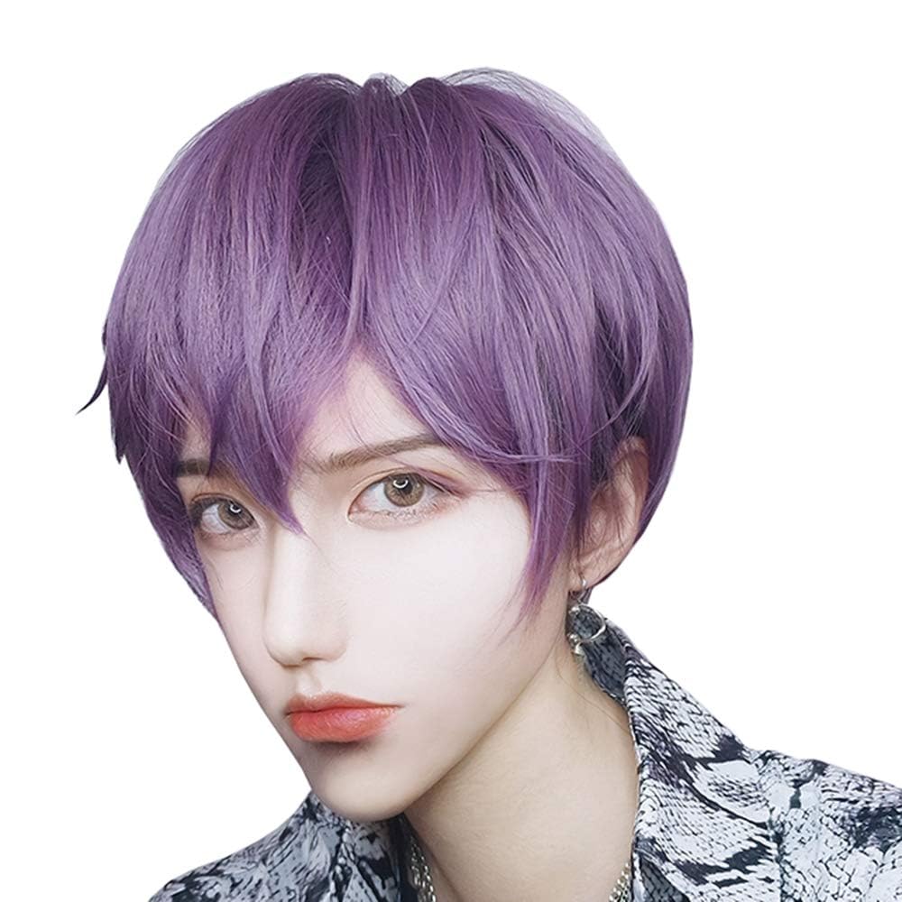 

Harajuku-style purple short wig, semi-long, men s, fashionable, with net, natural look, unisex