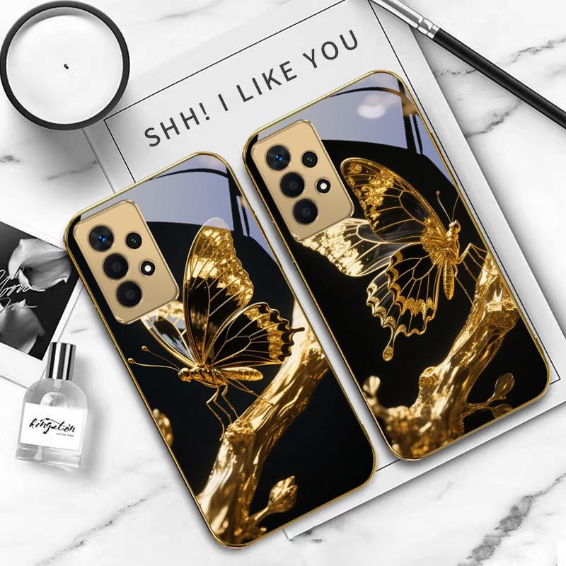 Schmetterling auf dem Ast Für Samsung A 01 52S A04 A05S A10 A12 A13 22 23 24 36 42 M02 Note 10 20Ultra 8 9 Goldene Glas-Handyhülle