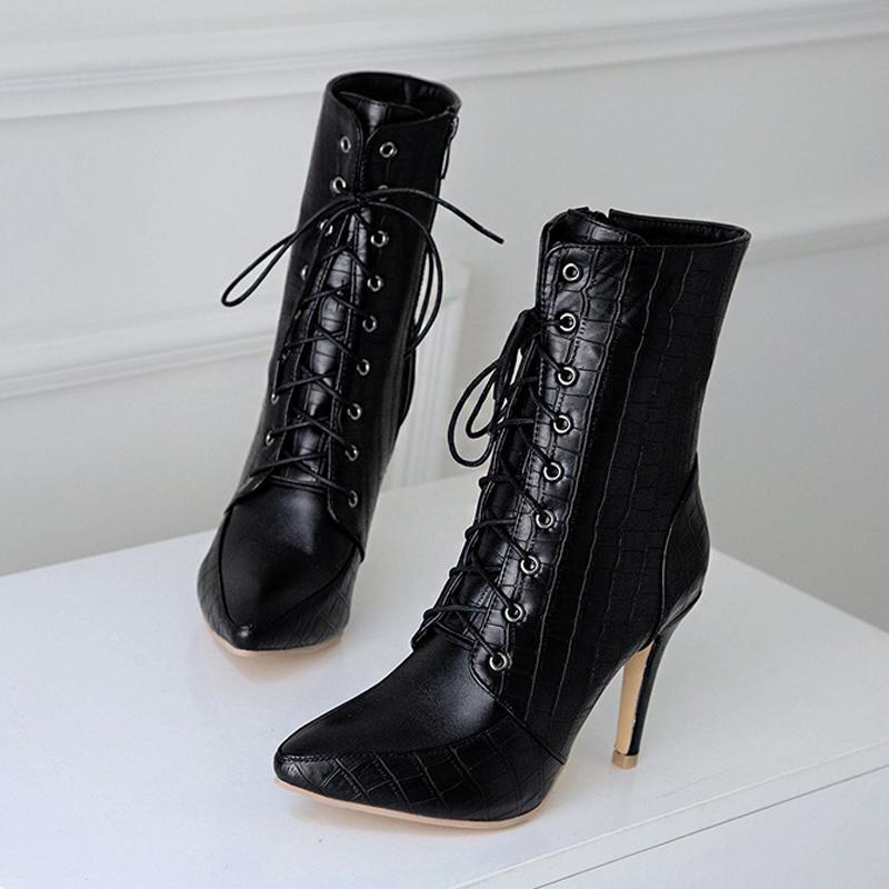 Sexy Women Boots Lace-Up Pointed Toe Pump Boots Women High Heel Shoes for Winter Custom Ladies Ankle Boots botines mujer WSH3681