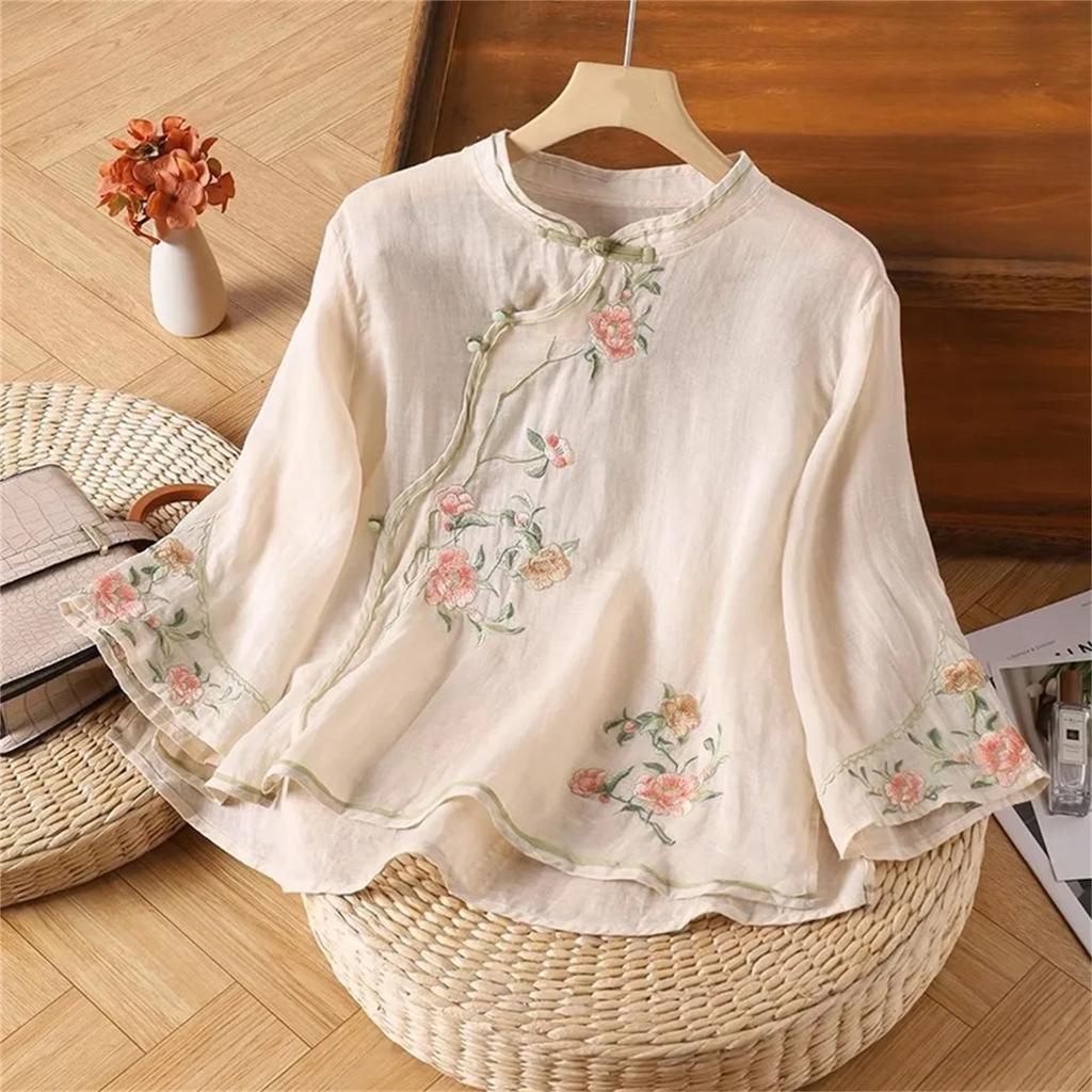 Women's Vintage Inspired Loose Fit Embroidered Mandarin Collar Button Front Cotton Linen Blend Blouse With Three Quarter Sleeves