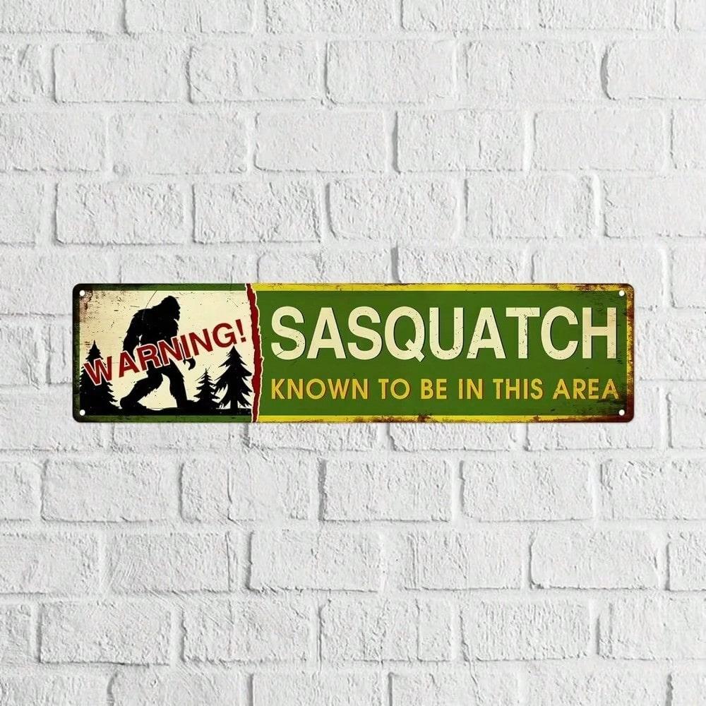 Rustic Sasquatch Metal Tin Sign 4x16 Inches, Vintage Green Yellow Wall Art, Black Silhouette