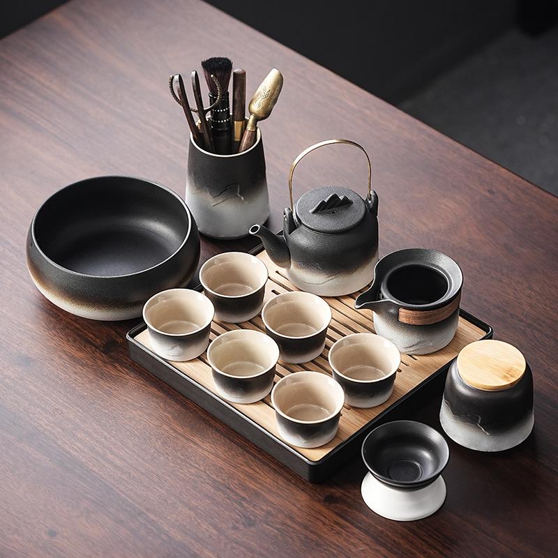 Japanese black pottery kung fu tea set retro gradual change home office living room teacup teapot tea set set gift
