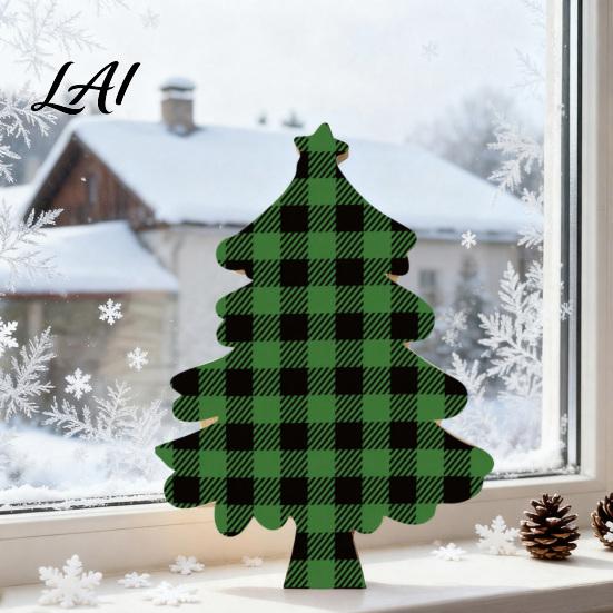 Christmas Tree Decorations Wooden Tabletop Decor Plaid Polka Dots Xmas Wood Signs Red Traditional Festive Ornaments Black Green Desktop Centerpieces