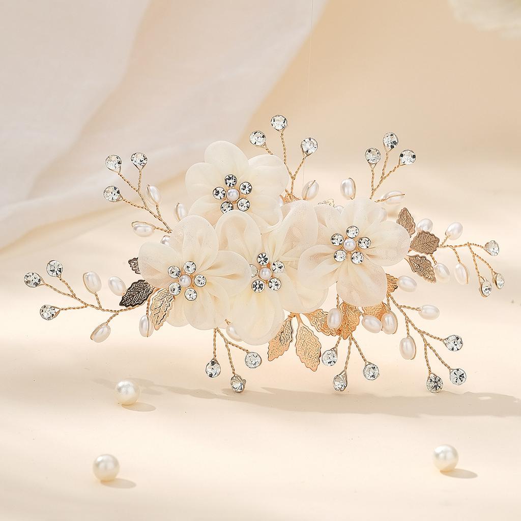 White Silk Flower Hairpins Gold/Silver Color Alloy Leaf Hairclips for Bride Wedding Party Hair Jewelry Women Elegant Headpieces