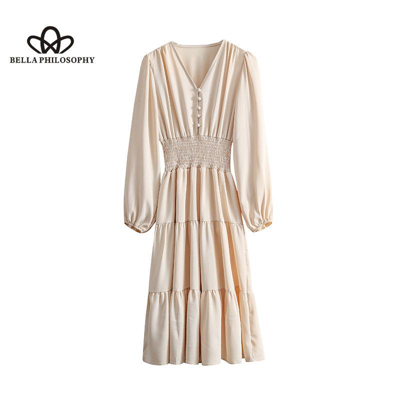 Francouzské jednobarevné dámské ležérní dlouhé společenské šaty s dlouhým rukávem a výstřihem do V