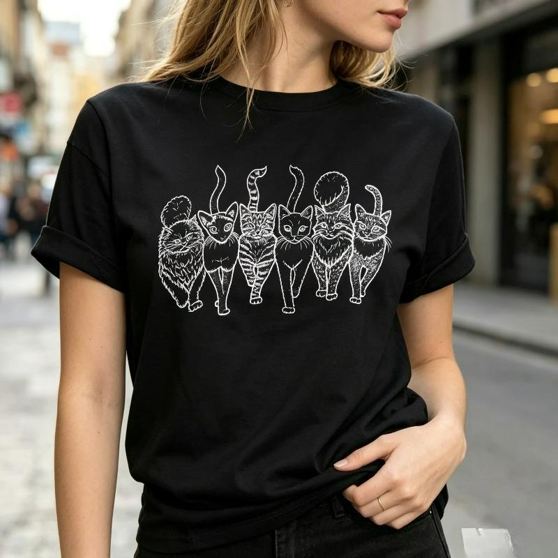Cute Cats Line Art Print Unisex Tshirt Casual Street Style Crew Neck Short Sleeve Tee For Daily Wear
