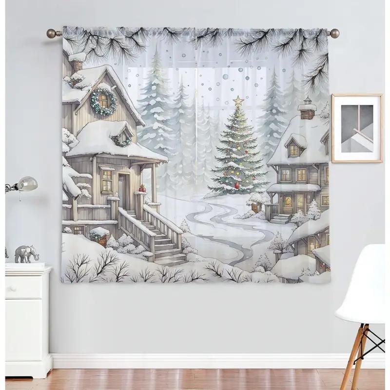 2pcs Christmas snow village sheer curtains with pole bag design, protecting privacy suitable for decoration in various scenes