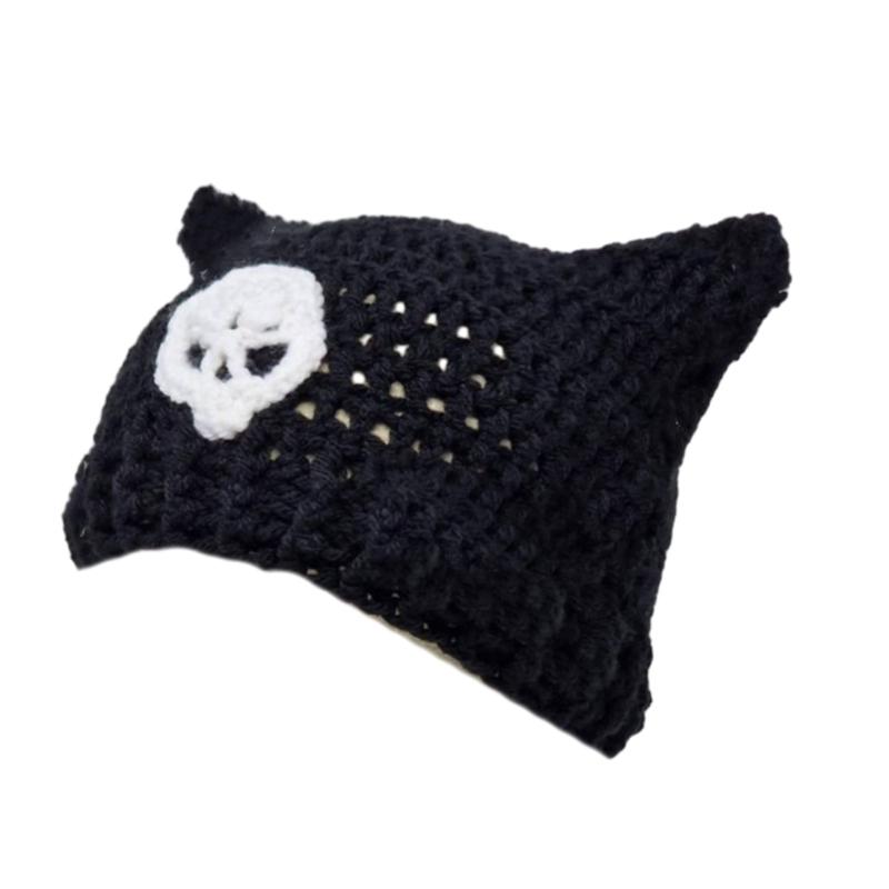 Y2K Anime Ear Cap Windproof Hat Female Beanie Headwear Handcrochet Pullover Hat