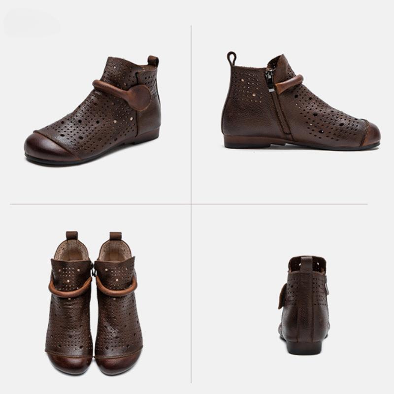 Johnature Echtes Leder, ausgehöhlte Stiefel, Retro-runde Zehenpartie, atmungsaktive Sandalen, vielseitige flache Damenschuhe