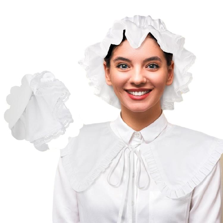 3 Pieces Halloween Colonial Costume Accessories Colonial Apron Pilgrim Costume Set White Mobs Caps Half Apron for Woman