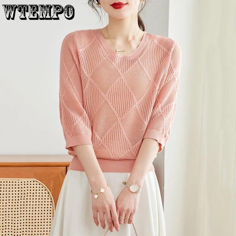 Women's Knitted T-shirt with Seven Sleeve Top Fashionable and Simple Thin Ice Silk Hollow Knitted Shirt