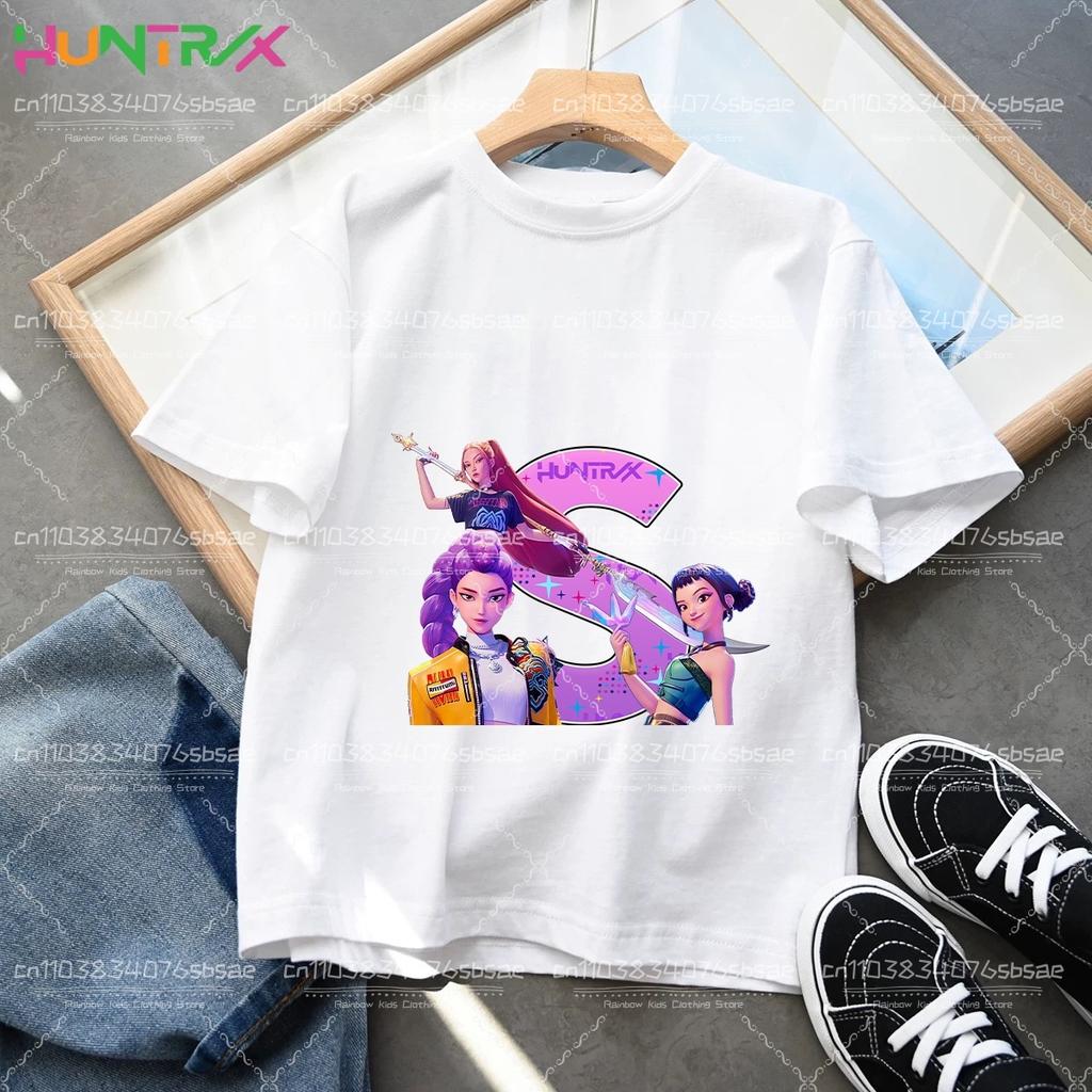 Toddler Girl Clothes Huntrx Mira Rumi Zoey Letter A-Z Cartoon Tee Shirt Funny Gift Fans Harajuku Cool Kids T-shirts Summer Tops