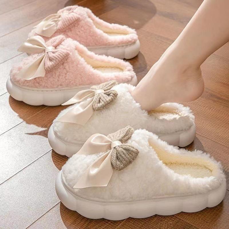 Cotton slippers women's autumn and winter home home home non-slip and warm new cute plush bow bag and cotton drag girl