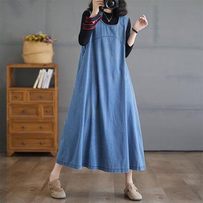 DIMANAF Plus Size 2024 Autumn Women Denim Dress Cotton Casual Vintage Loose Oversized Dress Sleeveless Basic